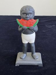 Cast Iron Statue Piggy Bank Of A Boy Eating Watermelon