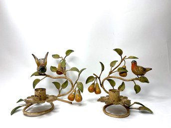 Antique Pair Bird And Greenery Motif Candle Holders For Table Top