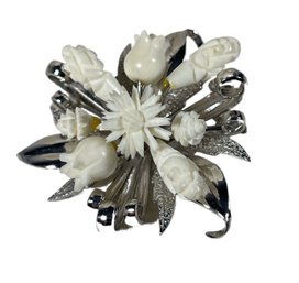 Large Sterling Silver And Carved Bone Floral Bouquet Brooch