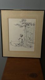 Pen Drawing Of Woman In Forrest - Artist Signed