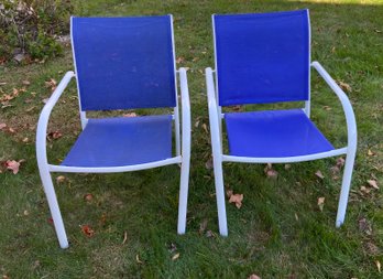 Pair Of White And Navy Blue Patio Chairs