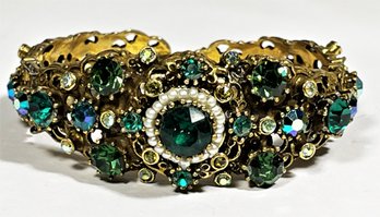 Fine Large Green Rhinestone Faux Pearl Signed WEISS Hinged Cuff Bracelet