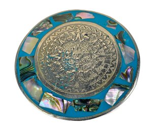 Vintage Alpaca Silver Round Brooch W Abalone Inlay