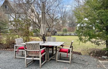 Outdoor Classics Weathered Teak Patio Table, Set Of Four Arm Chairs With Cushions, And Umbrella