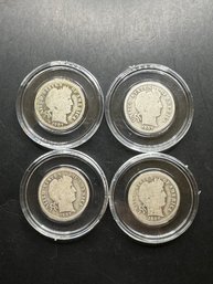 4 Silver Barber Dimes 1907, 1907-O, 1907-D, 1907-S