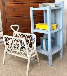 A Wicker Shelf And Magazine Rack