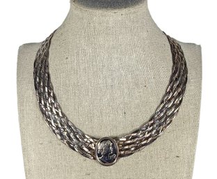 Large Sterling Silver Woven Necklace W Woman's Cameo Face Medallion