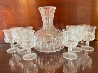 Antique Crystal Glass Decanter And 10 Antique Thumbnail Wine Glasses .