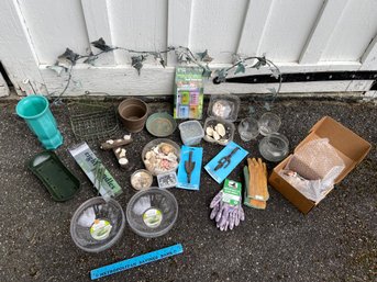 Assorted Gardening Decor And Tools: Metal Ivey Garland, Seashells, Ladies Gloves, Hooks, Marbles,