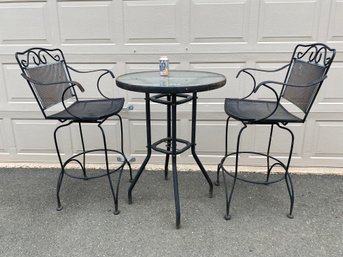 Vintage Wrought Iron Cafe Swivel Chairs And Table. Chairs Stand 45 1/2'. Table Stands 37 1/2'.