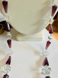 VINTAGE LONG PURPLE & CLEAR CRYSTAL BEAD NECKLACE