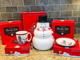 WILLIAMS SONOMA Snowman Cookie Jar And Nordic Elf Mugs And Dessert Plates