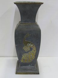 Vintage MCM Peacock Umbrella Holder Fireplace Vase Heavy Pewter & Brass