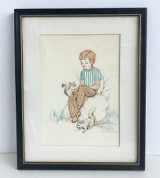 Adorable Framed Boy With Squirrels Signed Drawing