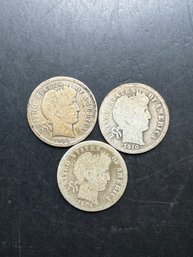 3 Silver Barber Dimes 1904, 1910, 1914-D