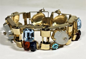 FANTASTIC Retro Deco Gold Tone Bracelet Having Large Colorful Rhinestones (missing Two Tiny Stones)