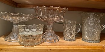 9 Crystal & Glass Pedestal Bowls, Cake Platters, Pitchers & Bowls, Some Vintage