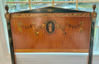 Antique French Bed With Satinwood Inlay & Hand Painted Decor- Lyre Player