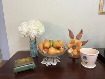 Faux Fruit Bowl, Wooden Floral Sculpture, Planter And More