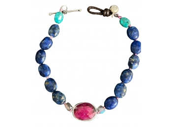 Lapis And Ruby Center Toggle Closure Bracelet 8' Pink Silk Knots Between Lapis Stones Gemologist Verified