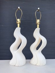 Pair Of Vintage Wavy Ceramic Table Lamps