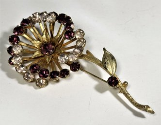 Large Purple And Pink Rhinestone Flower Brooch