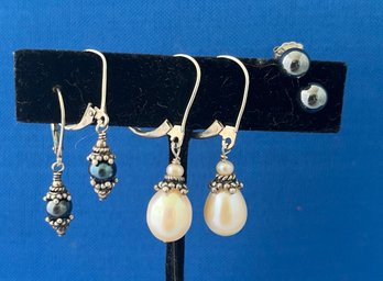 3 Pair Pearl And Sterling Earrings