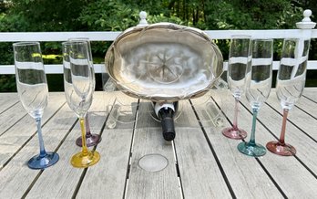 Colored Stem Champagne Glasses, Lucite Wine Holder, WMF Dish