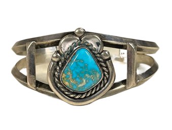 Heavy Native American Sterling Silver And Turquoise Cuff Bracelet