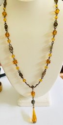 VINTAGE GOLD TONE YELLOW NECKLACE WITH DANGLE