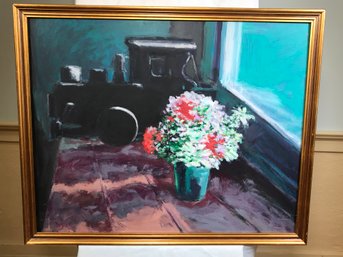 Original James Pascucci Painting Flowers & Toy Train - Oil On Masonite - SKU: 91-1-1078 - 32' X 26'