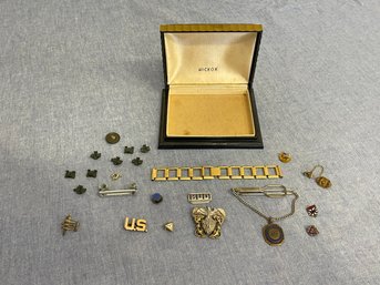 Military Pin Lot Including Sterling Navy WWII Officer Hat Pin, Gold Filled Bracelet, Greenwich Emblem