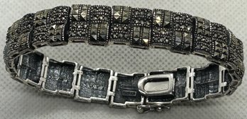 Large Signed NF THAILAND Sterling Silver Marcasite Panel Bracelet