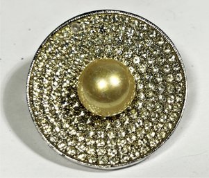 Vintage Round Brooch White Rhinestones And Faux Pearl Rhodium Plated