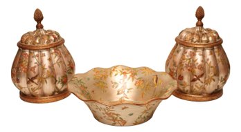 Beautifully Hand Painted Floral And Fauna Gold Gilt Reeded Vessels With  Finial  And Matching Scalloped Bowl