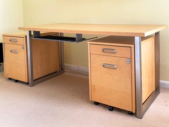 A Solid Wood And Brushed Steel Modern Desk With Two Rolling File Towers