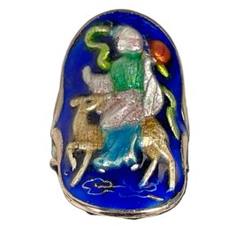 Antique Chinese Export Solid Silver Ring With Enamel Figure On Deer