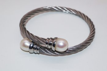 Gorgeous Silver Bangle Bracelet W/ Faux Pearls