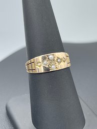 Antique Signed Seed Pearl & Tiny Sapphire Ring In 9k Yellow Gold