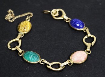 Fine Vintage Gold Filled Carved Stone Scarab Bracelet (missing Clasp)