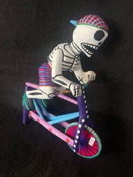 Handmade Day Of The Dead Skeleton Boy Riding A Bike Figure