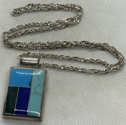 Large Vintage Mexican Sterling Silver Multistone Pendant With Matched Sterling Silver Necklace