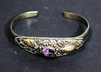 Balinese Sterling Silver And Amethyst Stone Gold Overlay Cuff Bracelet