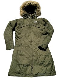 Women's North Face HyVent Army Green Coat With Faux Fur Trimmed Hood - Size Medium