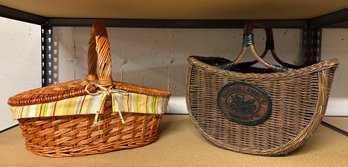 (2) Handmade Baskets/(1) Picnic Basket With Lining And (1) Marshall Fields Gourmet Basket