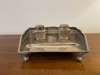 Vintage Silver Over Metal Writing Ink Well Set