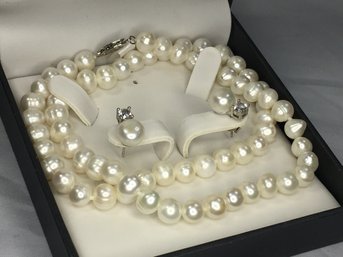 Brand New Genuine Cultured Baroque Pearl Set With Sterling Mounts - Necklace & Earring Set - Earrings Have CZ