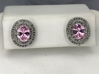Lovely 925 / Sterling Silver Oval Earrings With Two Rows Of White Topaz & Pink Tourmaline - Brand New !