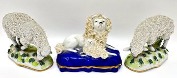 3 Antique Porcelain Figurines: Chelsea Sheep & Dogs