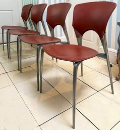 A Set Of 4 Italian Modern Dining Chairs 'Silla' In Chestnut Leather And Steel By Joseph Llusca For Driade